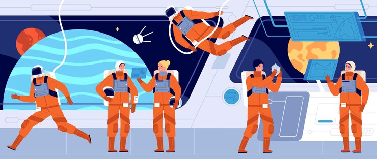 Vector spaceship crew ship station interior spacecraft cabin dashboard and engineer interstellar woman astronaut or cosmonaut utter vector concept