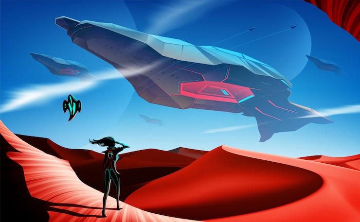 Vector spaceship fleet flying over desert