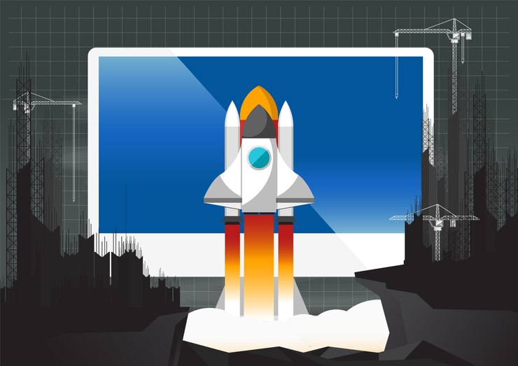 Vector spaceship fly to the sky from computer among the cliff