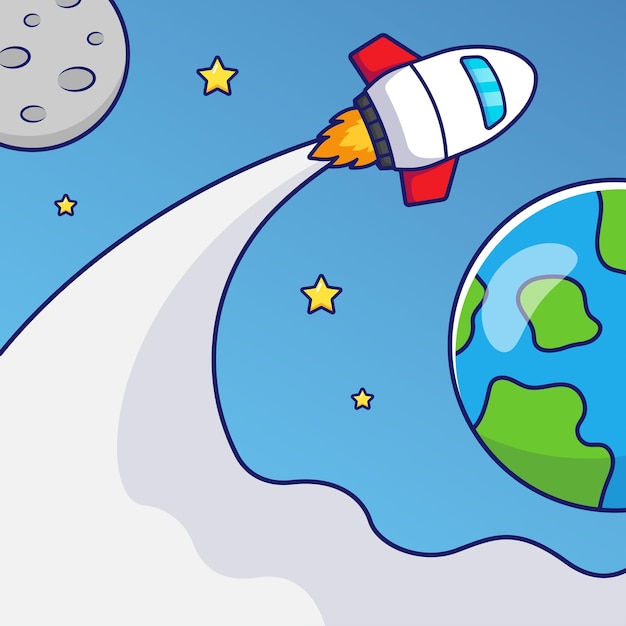 Космический корабль летит в космическом мультфильме значок на синем фоне