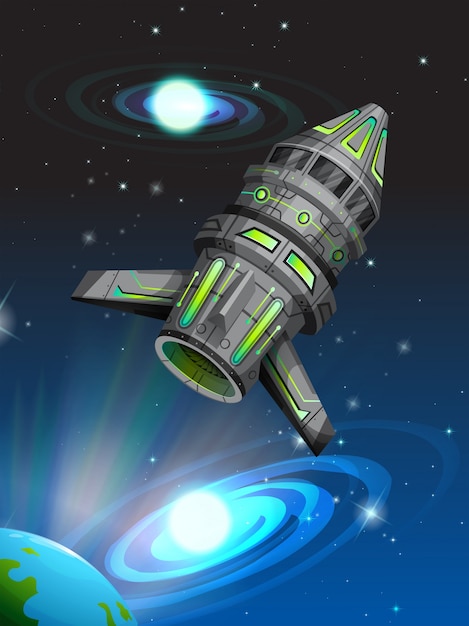 Вектор Космический корабль, летящий в темном пространстве