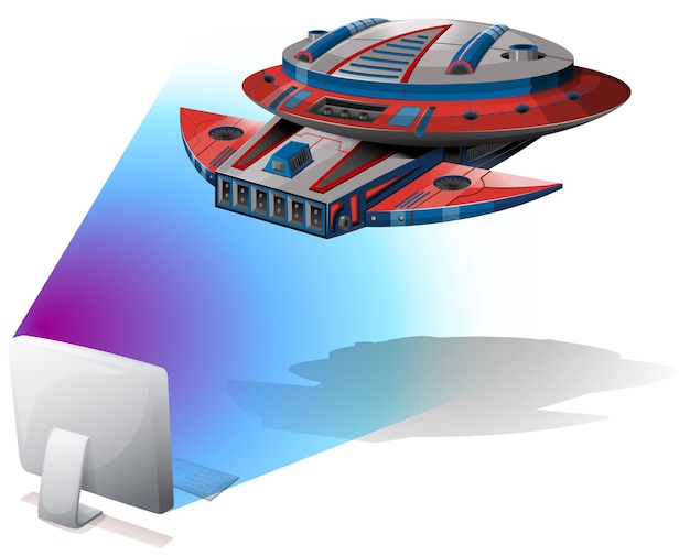 Vector spaceship flying out of computer screen