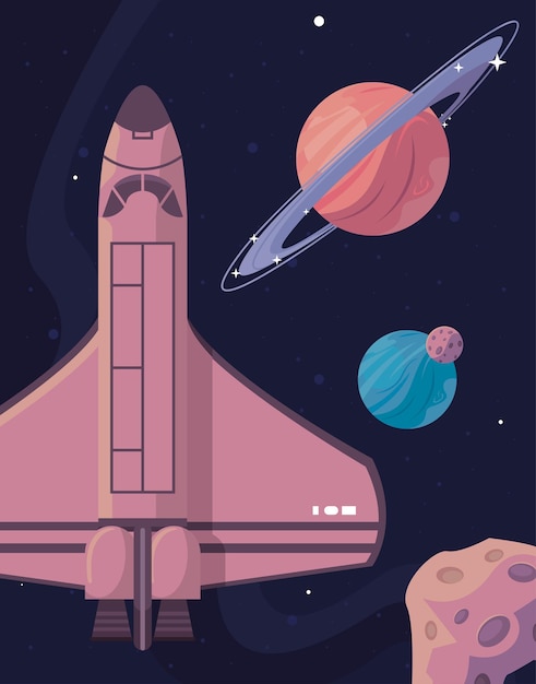 Spaceship flying and planets scene