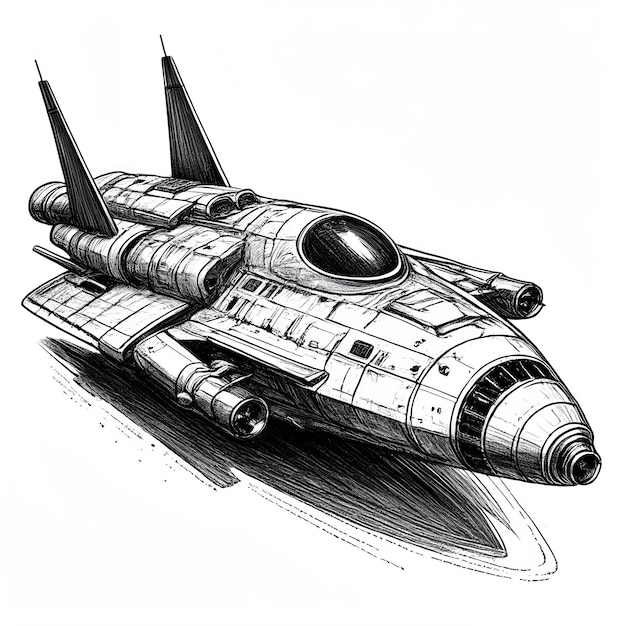 Spaceship ink sketch drawing black and white engraving style vector illustration