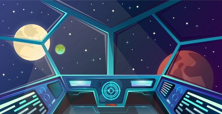 Vector spaceship interior of captains bridge in cartoon style