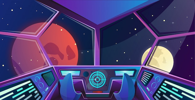 Vector spaceship interior of captains bridge with armchairs in purple colours