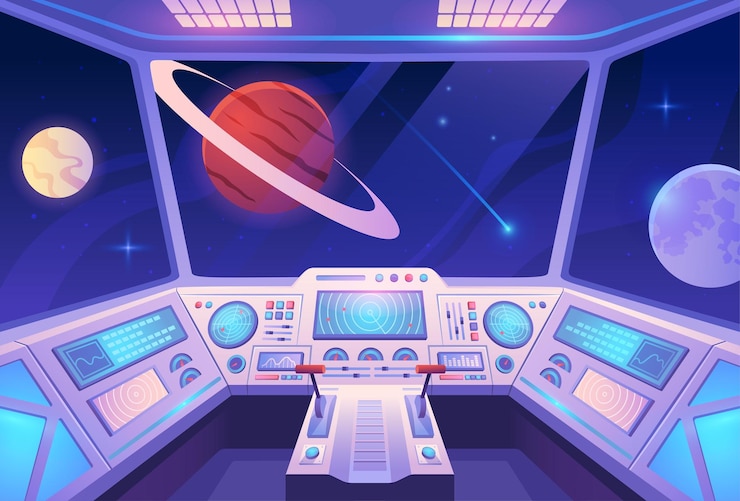 Vector spaceship interior colorful poster with view from cockpit of rocket to planets and stars in outer