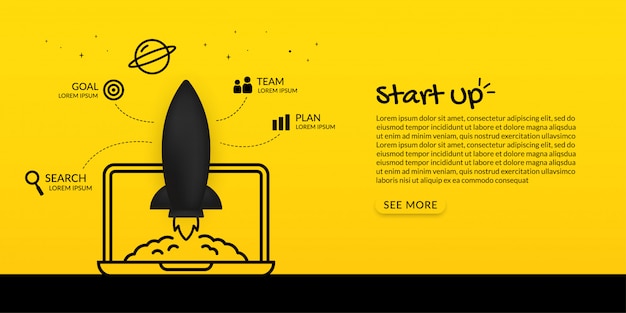 Запуск космического корабля с ноутбука в космос на желтом фоне, концепция запуска бизнеса