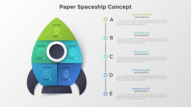 우주선 또는 우주선은 5개의 다채로운 부분으로 나뉩니다. 5가지 옵션 또는 시작 프로젝트 시작 단계의 개념입니다. 종이 Infographic 디자인 서식 파일. 프레 젠 테이 션에 대 한 현대 벡터 일러스트 레이 션.