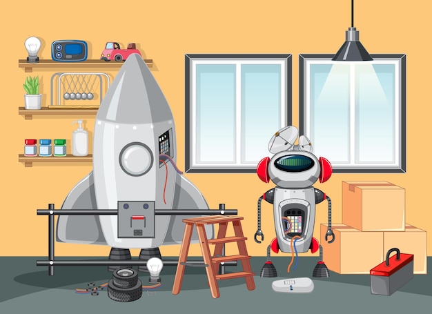 Vettore astronave e robot nella scena della stanza