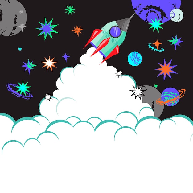 Vector spaceship rocket launch banner backdrop on space rocket start and galaxy exploration