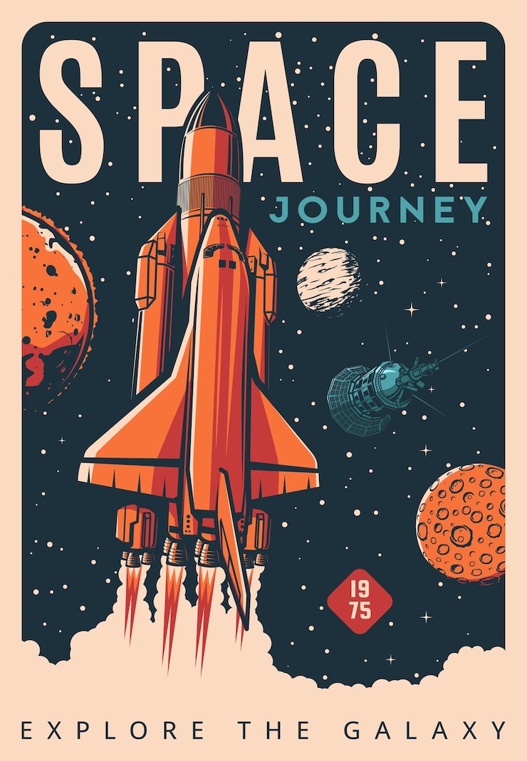 Vector 宇宙船シャトルまたは宇宙ロケットのレトロなポスター
