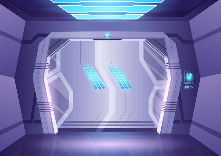 Vector spaceship sliding door or laboratory gate closed gate with illuminated entrance frame bunker or