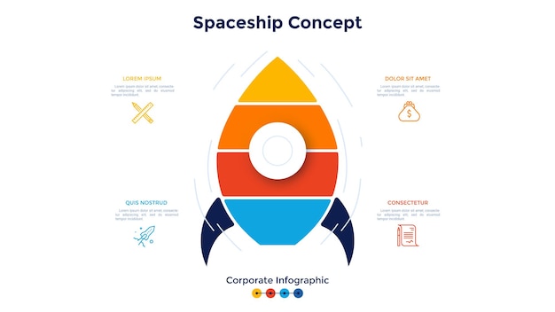 Spaceship or space rocket divided into 4 layers or levels concept of four stages of business project launch corporate infographic design template modern flat vector illustration for presentation