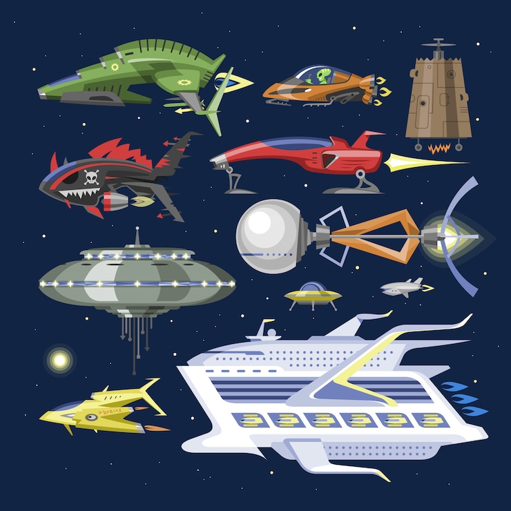 Vector 宇宙船宇宙船またはロケットとスペイシーのufoイラストセットの間隔をあけた船または背景に宇宙空間のロケット船