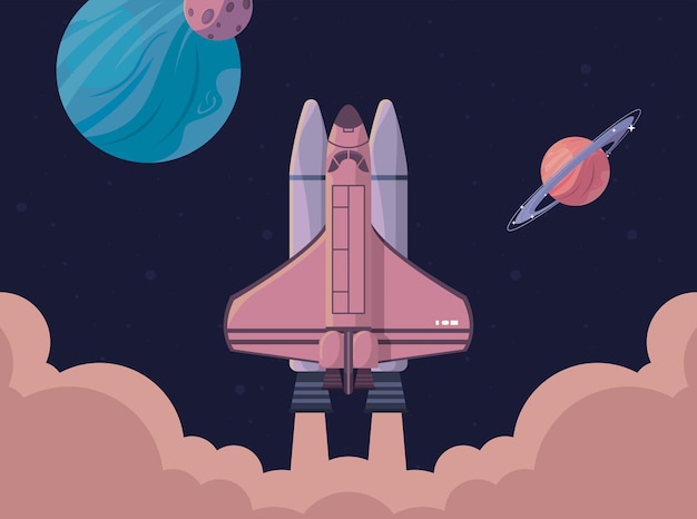 Spaceship startup and planets scene