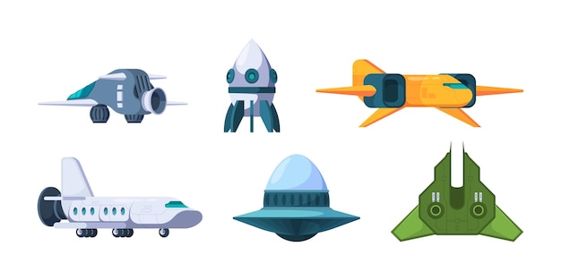 Vector spaceship ufo and rockets space travel universe shuttles garish vector futuristic jet plane illustrations in cartoon style