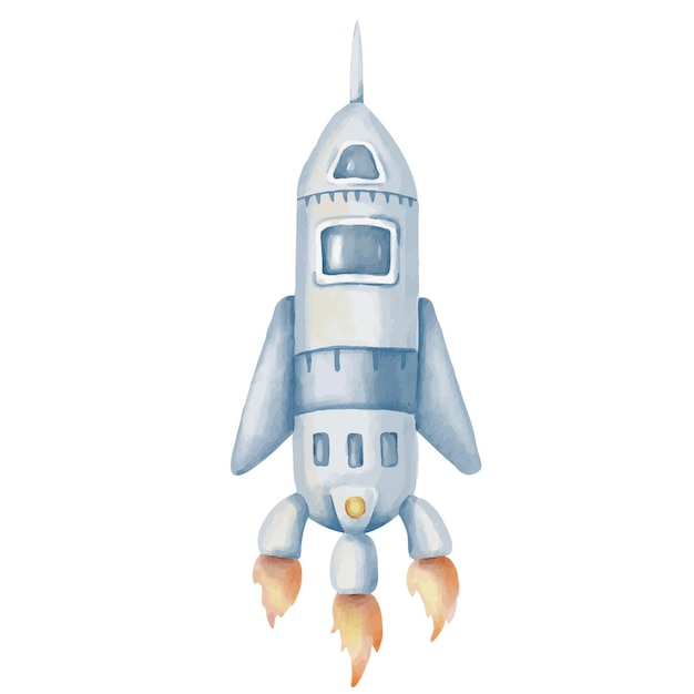 Vector spaceship watercolor illustration drawing of spacecraft for baby shower greeting cards or kids birthday invitations in cartoon style sketch of space ship on isolated background for childish nursery