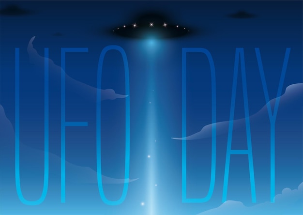 Vector spaceships in the sky with light beam during ufo day