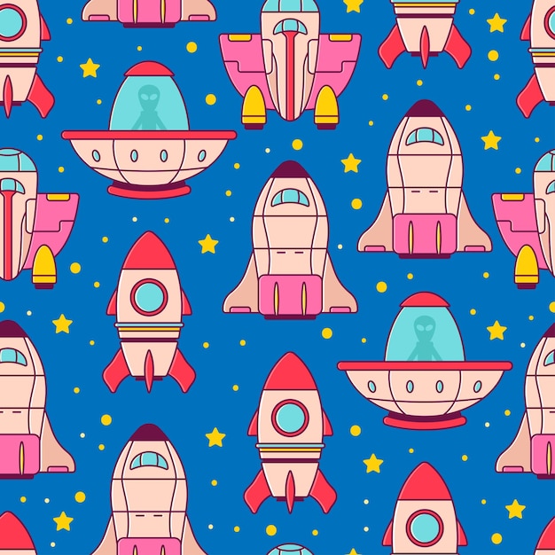 Spaceships in space vector cartoon seamless pattern