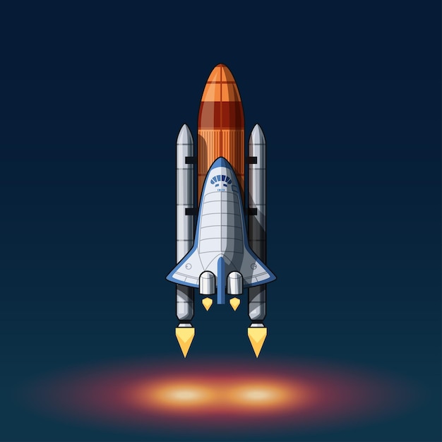 Spaceshuttle met werkende motoren op blauw