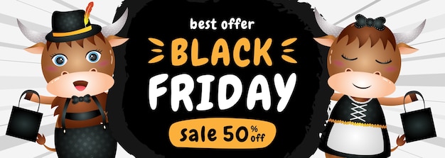 Spacial discount black friday sale banner with cute buffalo illustration