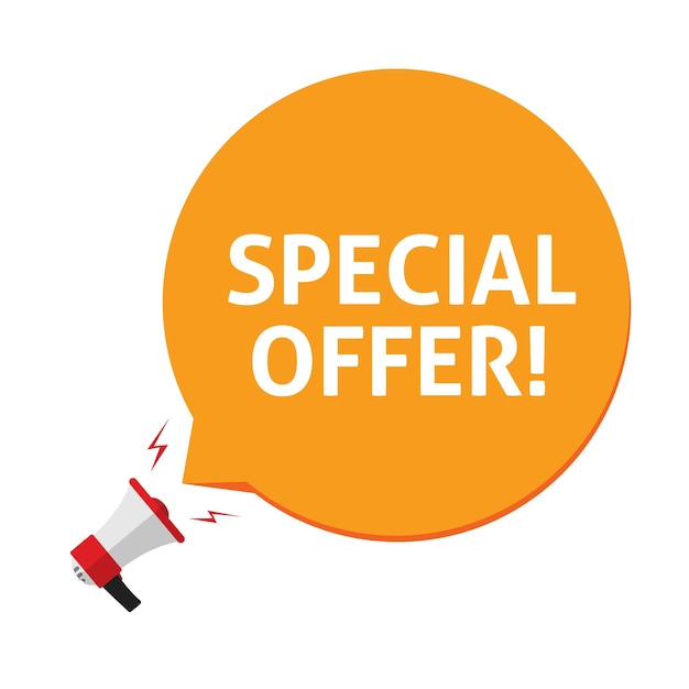 Spacial offer vector illustration isolated on white background flat megaphone promoting special offer on orange speech bubble cartoon advertising design