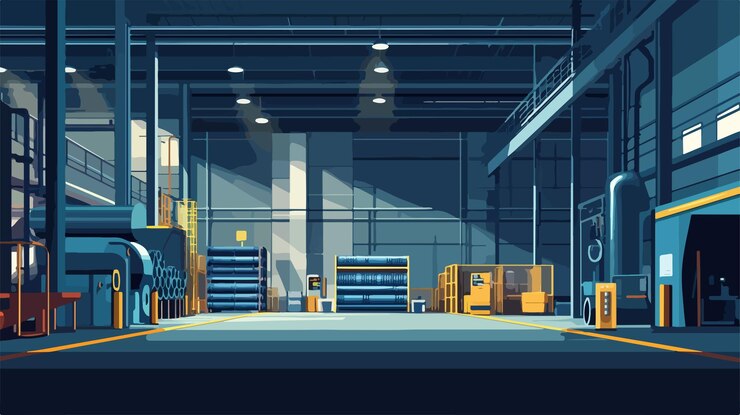 Vector spacious dark warehouse workshop interior panorama