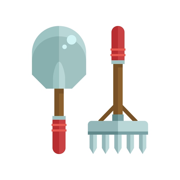 Vector spade shovel and rake icons gardening tools vector illustration in flat design