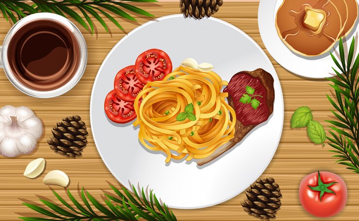 Вектор spagetti и стейк заделывают на фоне стол с некоторыми опорами листьев