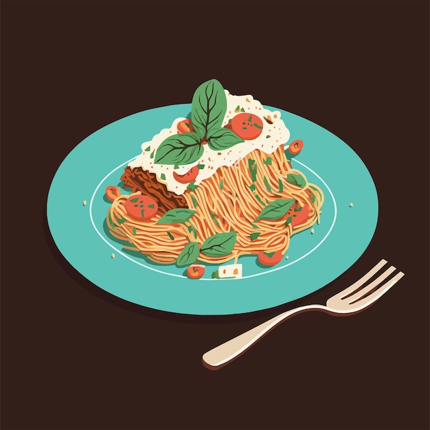 Вектор Спагетти болоньезе итальянская еда на векторной иллюстрации тарелки в мультяшном стиле