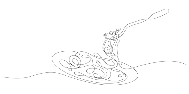 Menu piatto di spaghetti in uno stile lineare di continuità del disegno a una linea