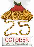 Vector spaghetti dish with tomato sauce and noodles forming the numbers of world pasta day in october 25