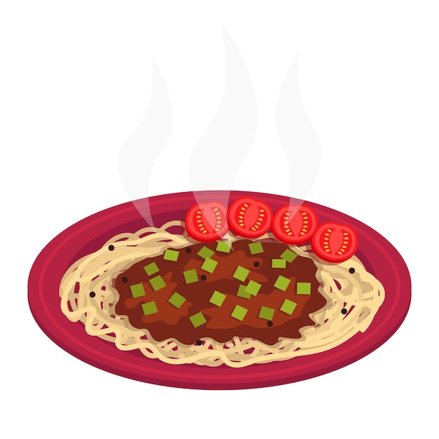 Spaghetti met gehakt Gegarneerd met kleine tomaten en groene uien Vectorafbeelding