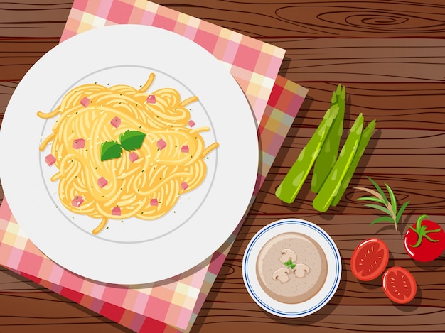 Vettore spaghetti e zuppe sul tavolo