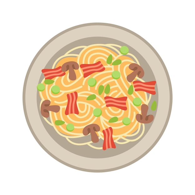 Vector spaghetti with bacon and mushrooms flat icon