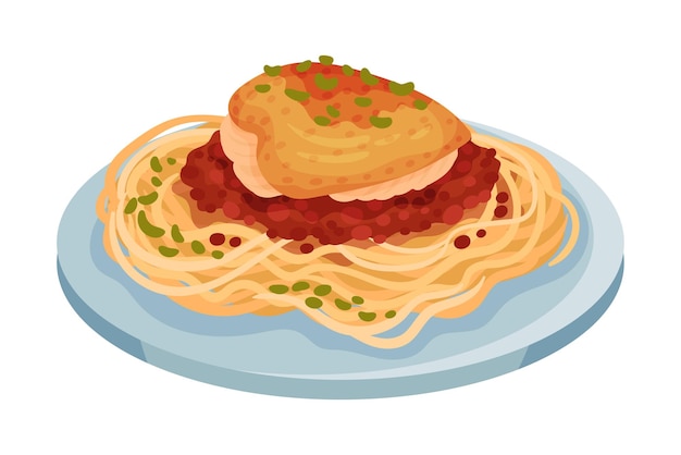 Vettore spaghetti con filetto di pollo al forno con salsa di pomodoro come illustrazione vettoriale di piatti di cucina italiana