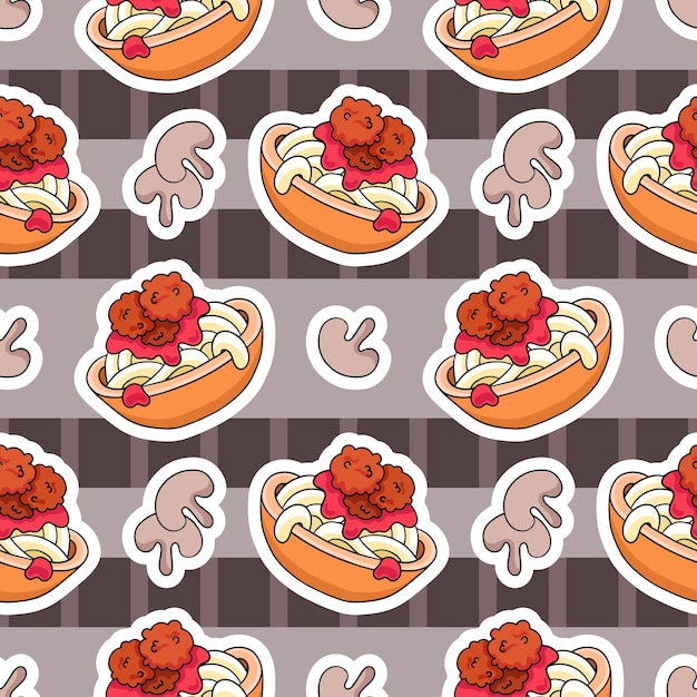 Spaghetti with meatballs vector seamless pattern in the style of doodles hand drawn