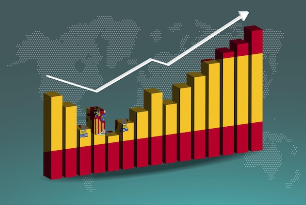 Spain 3D bar chart graph with ups and downs increasing values upward rising arrow on data