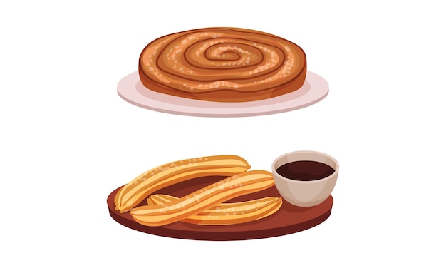 Испания Атрибуты с десертом Churros и сладким выпечковым векторным набором