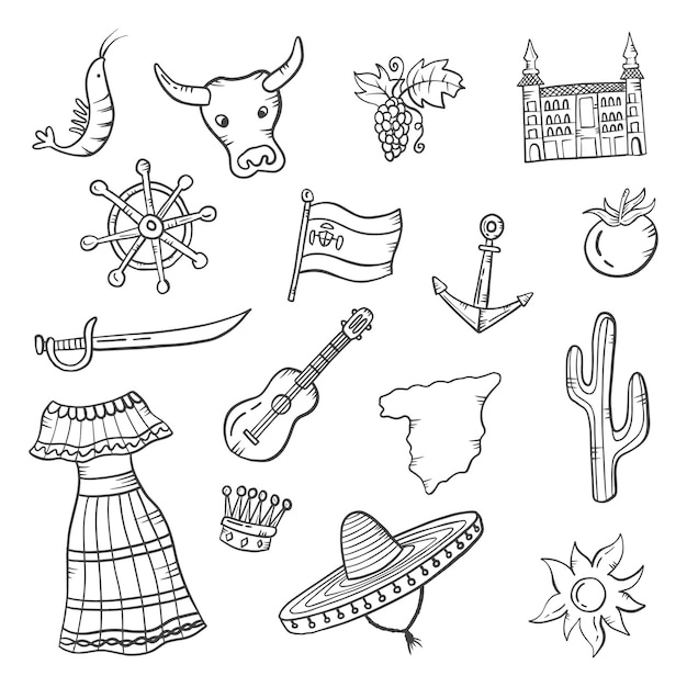 Spain country nation doodle hand drawn set collections with outline black and white style vector illustration