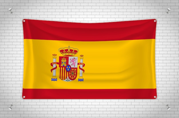 Vector spain flag hanging on brick wall. 3d drawing. flag attached to the wall. neatly drawing in groups