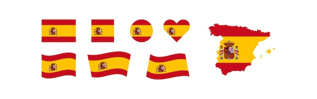 Spain flag and map icon set different shaped Europe isolated vector