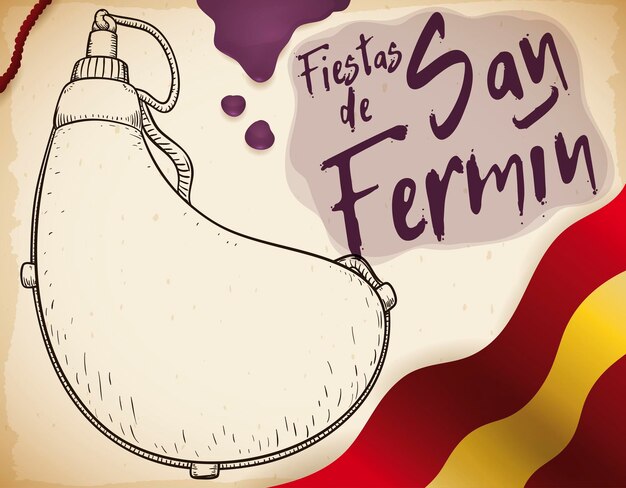 Vector spain flag with canteen drawing and wine spot for san fermin