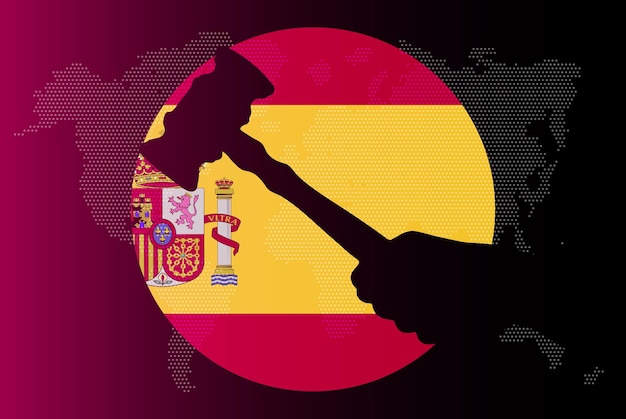 Spain flag with judge gavel corruption concept law or legal result news banner