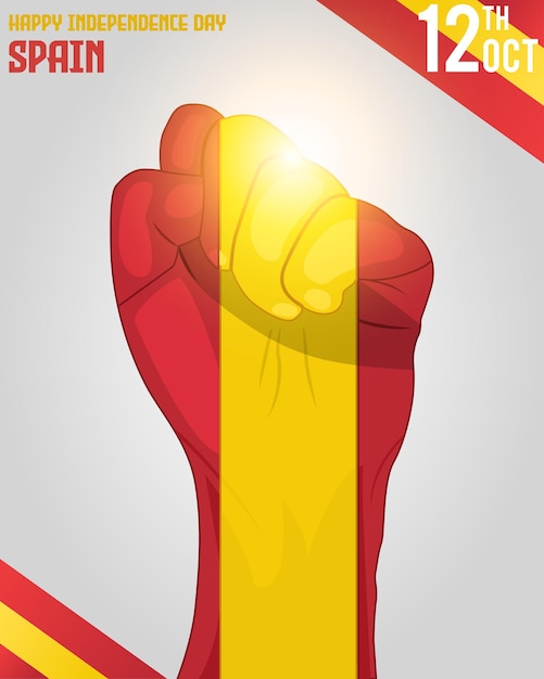 Illustrazione del giorno dell'indipendenza della spagna con bandiera della mano di protesta e bagliore brillante