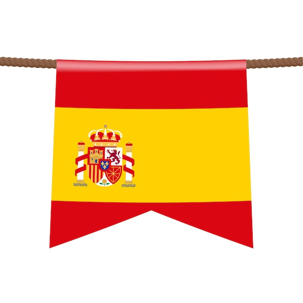 На веревке висит национальный флаг Испании. Символ страны в вымпеле, висящем на веревке. Реалистичные векторные иллюстрации.