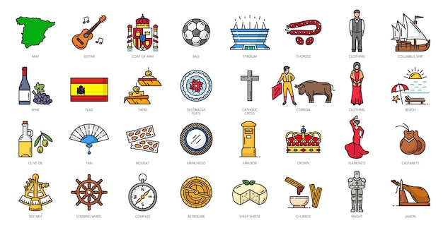 Vector spain outline icons travel and culture