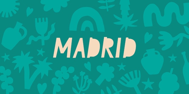 Испания, регион Мадрида, испанская надпись, цветочный абстрактный фон, векторный баннер для дизайнерской печати, наклейки