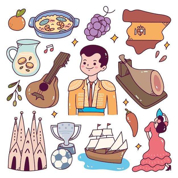 Vector spain travel destination doodle cartoon illustration